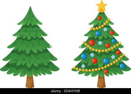 Two Christmas trees or fir trees, plain and decorated with ornaments, garlands, and a star. Hand drawn trendy flat style. For Christmas cards, posters, festive design projects. Vector illustration Stock Vector