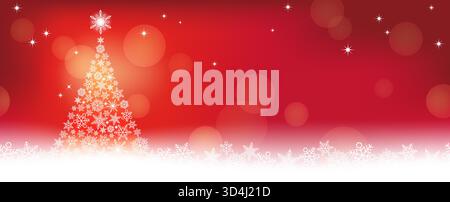 Abstract Red Winter Seamless Vector Background Illustration With A Christmas Tree And Snowflakes. Horizontally Repeatable. Stock Vector