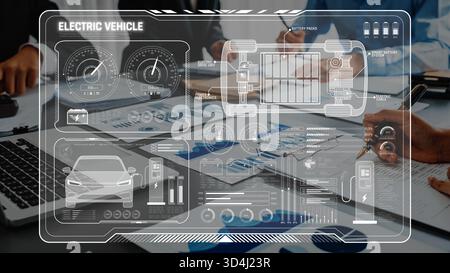 A modern workspace features an innovative electric vehicle interface ...