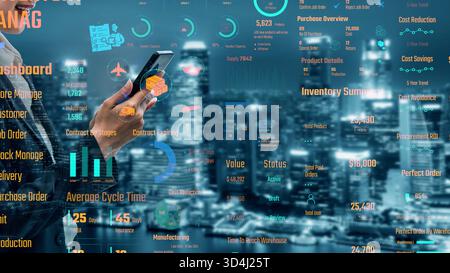 Inventory management dashboard showing supply chain performance, stock levels, order cycle times, cost reduction, and procurement ROI. Inventory Stock Photo