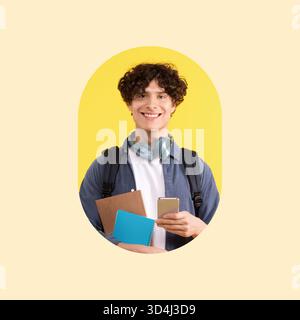 Smiling Student With Headphones and School Supplies Against a Bright Yellow Background Stock Photo