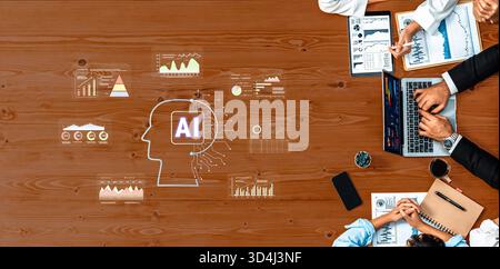 A vibrant workspace showcasing a collaborative team engaging with artificial intelligence concepts. Data analysis and business charts enhance Stock Photo