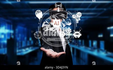 A businessman wearing a virtual reality headset explores the innovative world of artificial intelligence and generative technology in a modern Stock Photo
