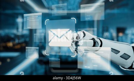 This image showcases a robotic hand interacting with an email interface within a sleek, modern workspace. It illustrates advanced technology and Stock Photo