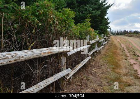 Rustic Split-Rail Wooden Fence Alongside a Dirt Path Stock Photo