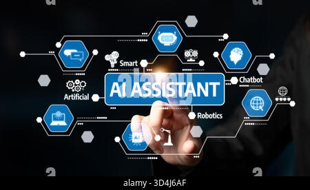 A person engages with an advanced digital interface that features various icons representing AI assistant technology, showcasing modern innovation and Stock Photo