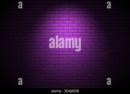 Night time brick wall background alley texture. Intense vibe with purple spotlight on empty building real backdrop. Bricks constructed in running bond Stock Photo