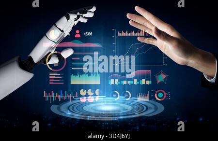A striking image showcasing the interaction between a human hand and a robotic arm, surrounded by various data visualizations, symbolizing the future Stock Photo