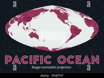 Pacific Ocean. World map. Boggs eumorphic projection centered to Pacific Ocean. Pale Mint Dark Pink palette. Vintage texture. Stock Vector