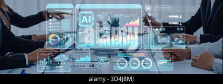 Professionals collaborate in a modern office, engaging with AI-driven data insights and interactive charts, enhancing decision-making through Stock Photo