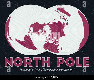 North Pole. World map. Rectangular (War Office) polyconic projection centered to North Pole. Pale Mint Dark Pink palette. Vintage texture. Stock Vector