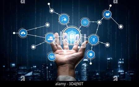 A futuristic hand showcases digital icons that symbolize security, technology, and connectivity against a dark cityscape backdrop, representing modern Stock Photo