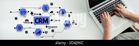 A detailed illustration of a modern CRM system concept featuring a laptop and digital connections, showcasing tools for effective customer Stock Photo