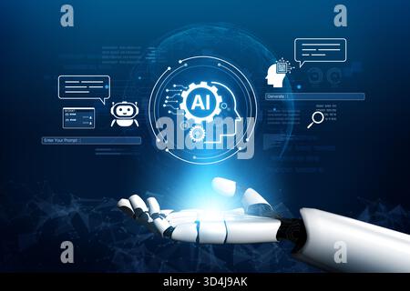 A generative AI assistant displays its own user interface. This platform is designed for users to enter prompts, interact with the AI chatbot, and Stock Photo