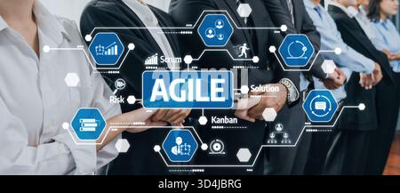 A dynamic visual representation of agile methodology showcasing diverse professionals collaborating in a business setting. Key concepts like Kanban Stock Photo
