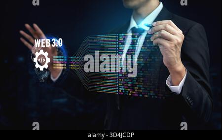 The concept of Web 3.0 development and decentralized data processing. The flow of binary code and information in the next generation internet. Motif Stock Photo