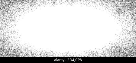 Sand grain gradient texture. Stippled radial border overlay. Fading sprayed dot frame background. Grange dotted noise pattern wallpaper with zoom effect. Vector vignette grainy halfton patern backdrop Stock Vector