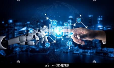 A captivating scene depicting the interaction between a human hand and a robotic hand, showcasing advanced technology and digital connectivity in an Stock Photo