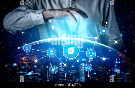 A person interacts with a futuristic interface displaying data visualizations over a globe, symbolizing global connections and advancements in Stock Photo