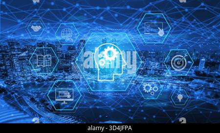 Head with gear and icons representing learning, digital training, and development process, showing skill growth for human or AI systems through Stock Photo