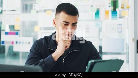 Thinking, creative and business man on tablet for app software, website and ux layout. Digital agency, startup and person with tech, ui design and Stock Photo