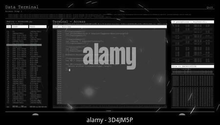 Displaying code-editor showing monospace-code caret on dark UI, with left-user-IDs right-hex-dump Stock Photo