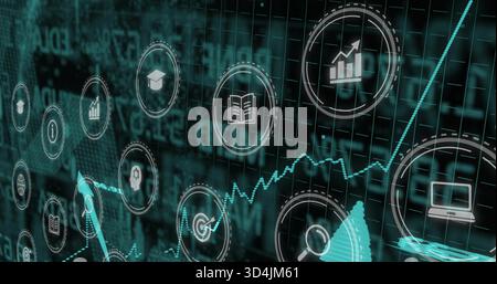 Displaying teal dashboard centered on grid, showing HUD icons and dotted line graph trending upward Stock Photo