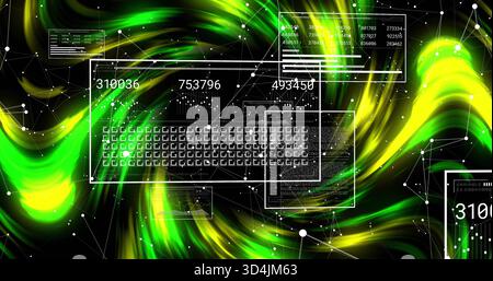 Displaying HUD panel showing keyboard grid and numeric readouts over neon green yellow streaks Stock Photo