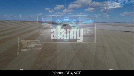 Floating holographic HUD displaying concentric hub and map panels over dry salt flat, grid overlay Stock Photo