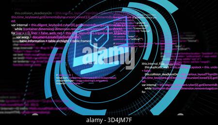 Displaying blue circular HUD emblem glowing at center on dark UI, with laptop icon and checkmark Stock Photo
