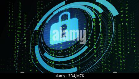 Glowing cyan padlock dominating HUD rings in cyber interface, with streaming binary code Stock Photo