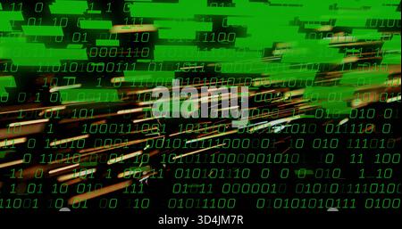 Streaming green binary digits and translucent code blocks in digital space, with orange streaks Stock Photo