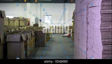 Showing warehouse worker in safety vest checking boxes, tall cardboard stack right, copy space Stock Photo