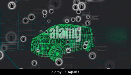 Displaying neon green wireframe van moving through 3D grid tunnel, with avatars bubbles nodes Stock Photo
