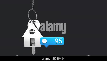 Displaying metallic house-shaped keychain hanging in studio mockup, with metal keys and blue badge Stock Photo