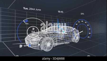 Displaying wireframe passenger SUV model centered in virtual 3D grid, showing nav, fuel114, bat12% Stock Photo