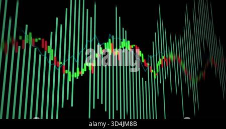 Displaying centered market chart on screen, showing teal bars, green or red candlesticks, blue line Stock Photo