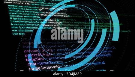 Displaying concentric cyan or teal HUD rings and arc segments rotating on digital interface, with co Stock Photo