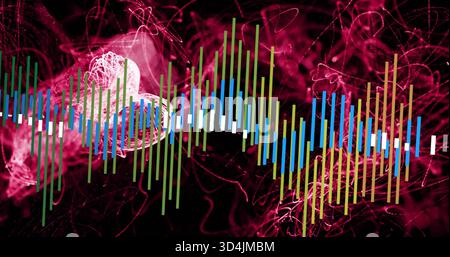 Displaying colorful EQ bars pulsing in music visualization, with white markers and light node Stock Photo