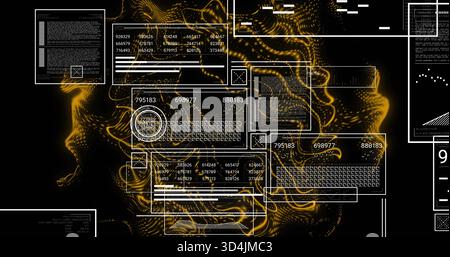 Pulsing central data cluster showing white-outlined UI windows in virtual panel, with golden waves Stock Photo