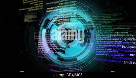 Rotating central HUD displaying concentric rings, arcs, code and wireframe nodes on dark field Stock Photo