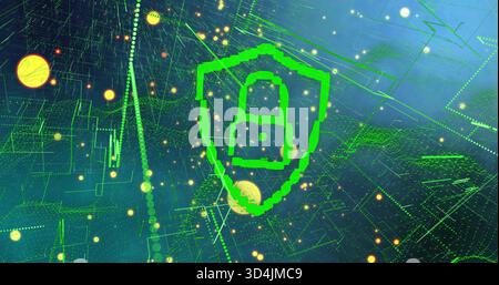 Glowing neon-green shield containing pixelated padlock hovering in circuit grid with orange orbs Stock Photo