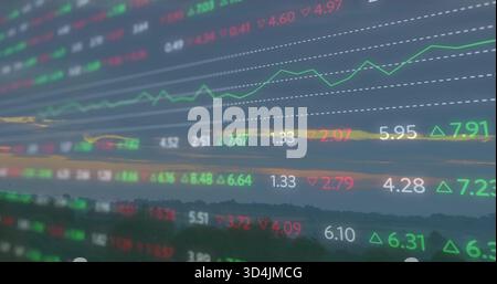 Displaying stock ticker overlay on dusk skyline, showing numeric prices, green line and triangles Stock Photo