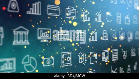 Displaying centered white financial icons floating on teal-to-blue gradient, with credit card coins Stock Photo