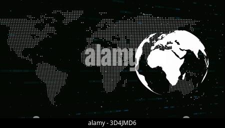 Displaying 3D globe showing Africa, Europe at right, dotted map, blue dots, data bars, copy space Stock Photo