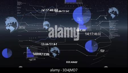 Displaying central white line graphs and blue pie charts in virtual 3D data space, with globes Stock Photo
