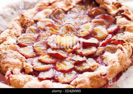 Close-up of a rustic, homemade plum (Zwetschgen) galette or open-faced tart, freshly baked on parchment paper on a baking tray. Stock Photo