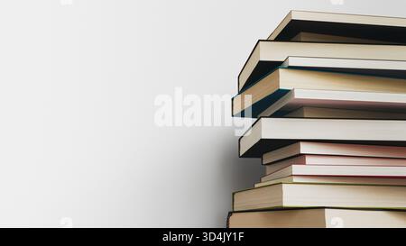 Stack of hardcover books on white background with copy space, education concept. 3d rendering Stock Photo