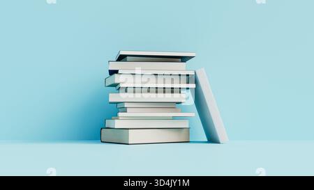 Minimalist stack of books on blue background, education and learning concept. 3d rendering Stock Photo
