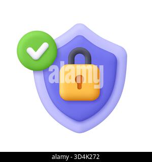 Purple shield with a yellow padlock and a green check mark. Security, protection, safe access, secure authentication and protected network concept. 3d Stock Vector